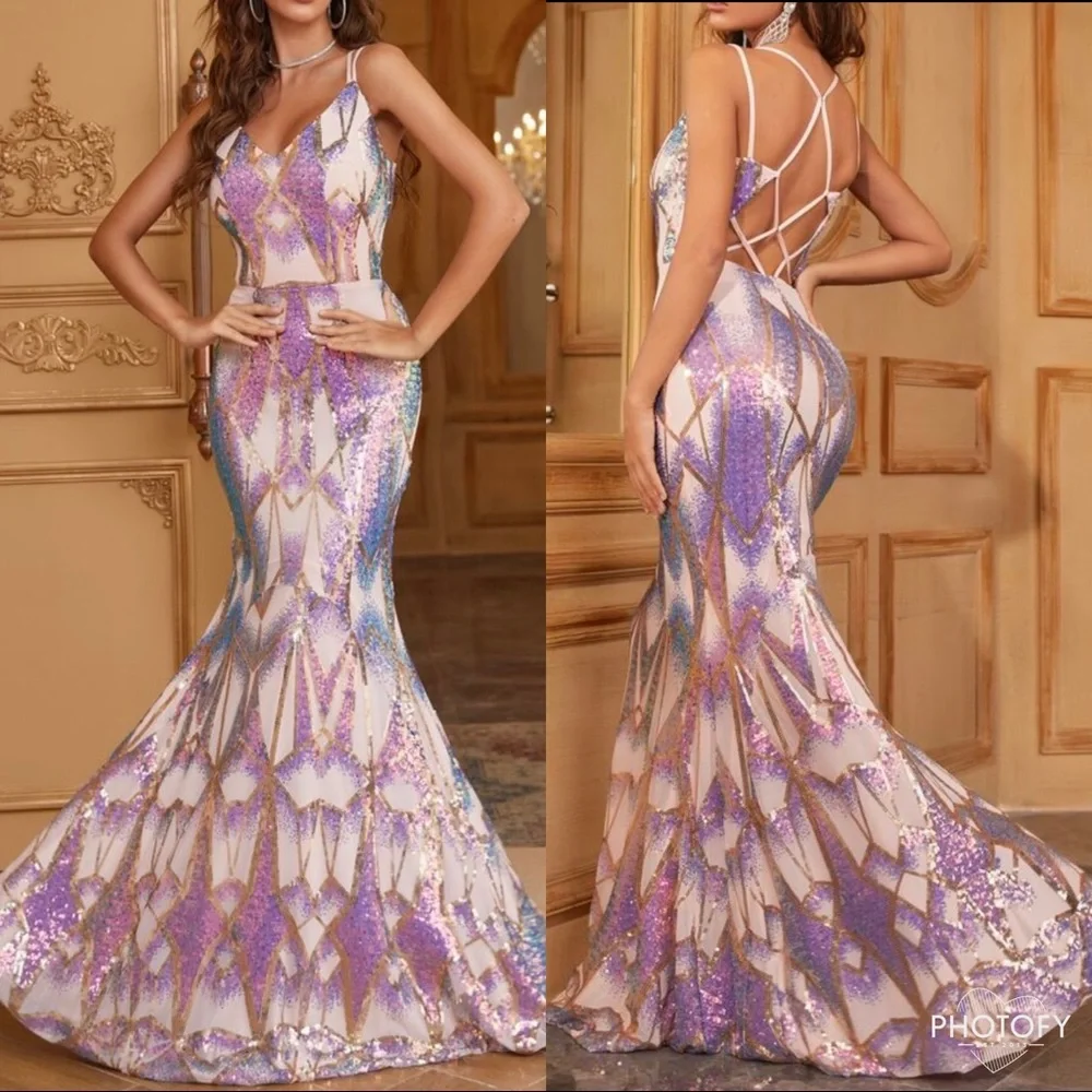Luxurious Sequins Mermaid Backless Prom Evening Party Formal Gown Floor Dress - Picture 1 of 11